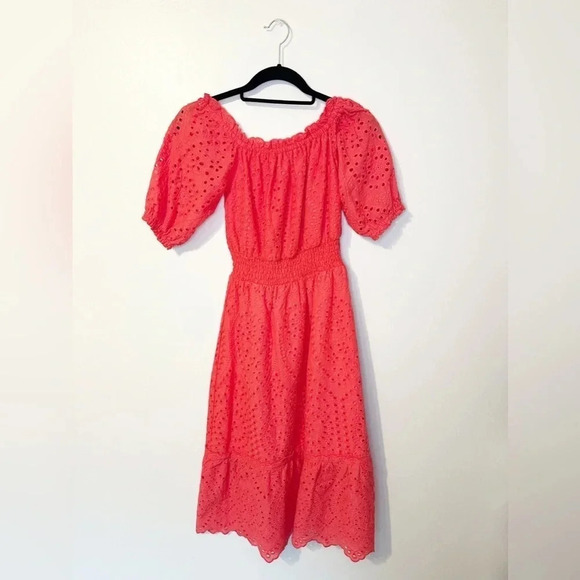 Betsey Johnson Women's Eyelet Midi Puff Sleeve Dress Paradise Pink Sz XS Spring - Picture 3 of 13